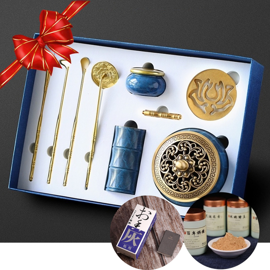 Elegant Phantom Blue Incense Set (8pcs) + Ancient Recipe Incense Powder + Japanese White Base Ash 3-in-1 Bundle
