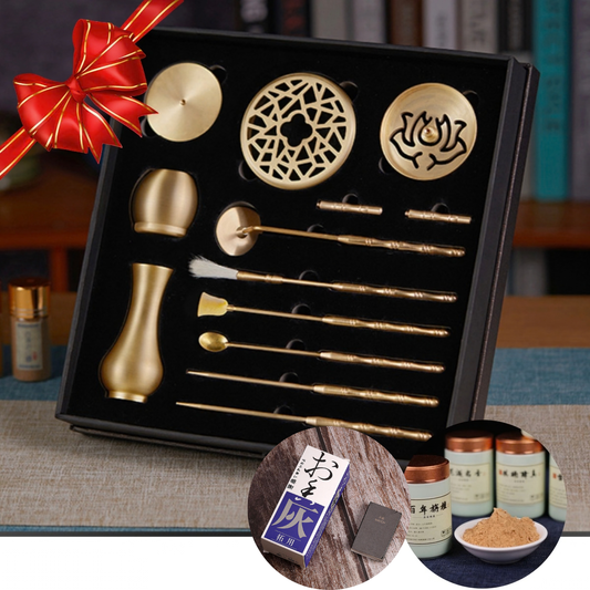 Deluxe Brass Incense Ceremony Tool Set (13pcs)+ Ancient Recipe Incense Powder + Japanese White Natural Incense Ash 3-in-1 Bundle