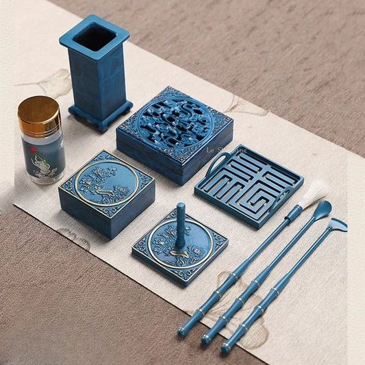 Royal Burnished Blue Brass Square Incense Set (10pcs Bamboo Gift Box)