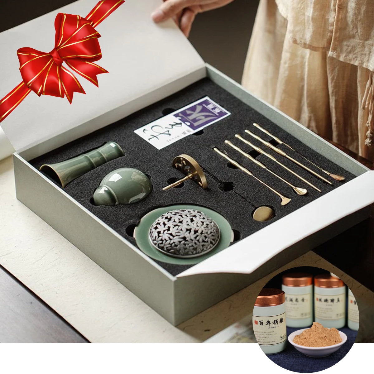 Elite Celadon Keramik-Räucherstäbchen-Set (11-teilige Geschenkbox) + Räucherpulver nach altem Rezept (kostenloses Geschenk) 