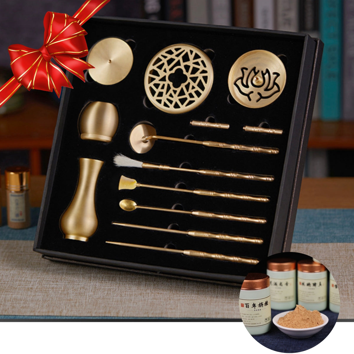Powder Incense Set Deluxe Brass Incense Ceremony Tool Set (13pcs)+ Ancient Recipe Incense ...