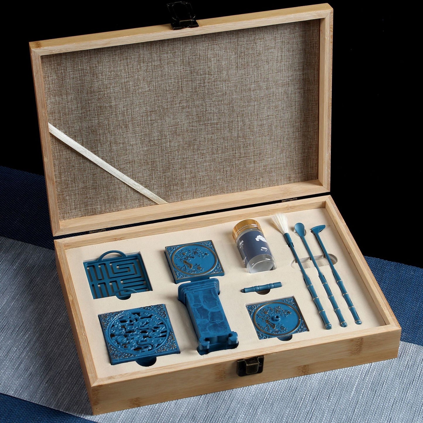 Royal Burnished Blue Brass Square Incense Set (10pcs Bamboo Gift Box)