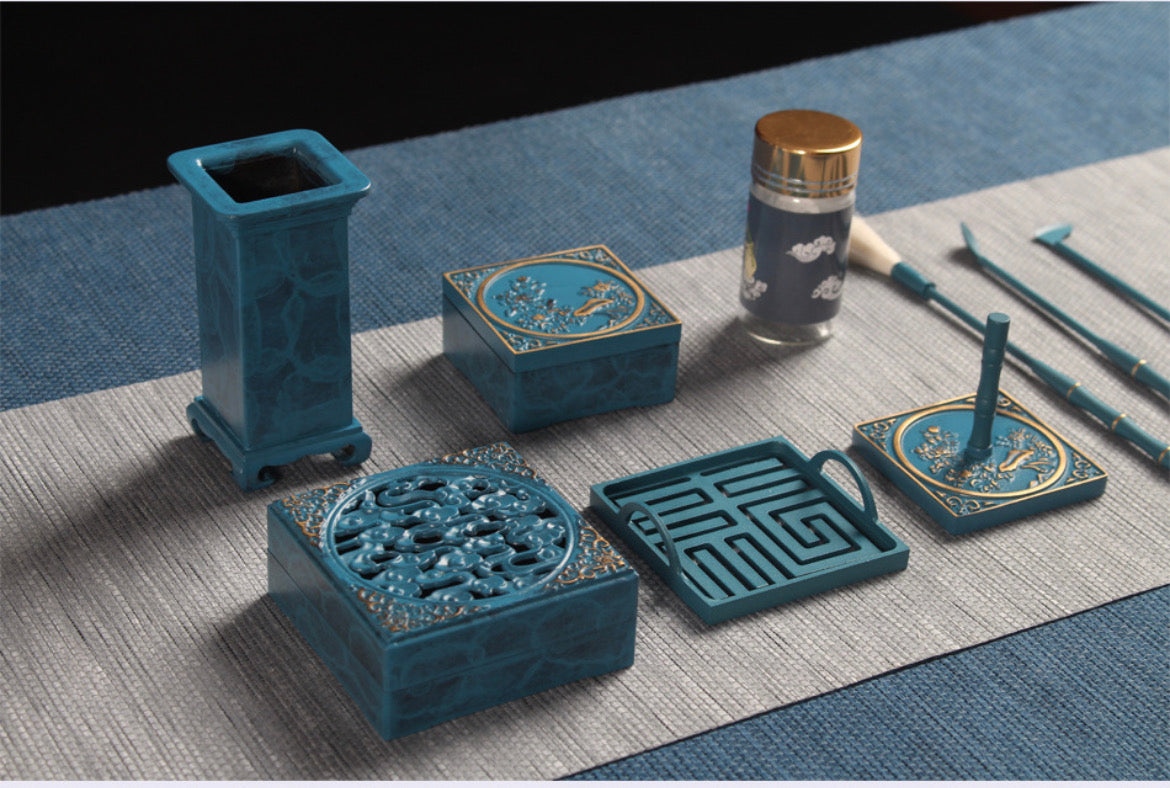 Royal Burnished Blue Brass Square Incense Set (10pcs Bamboo Gift Box)