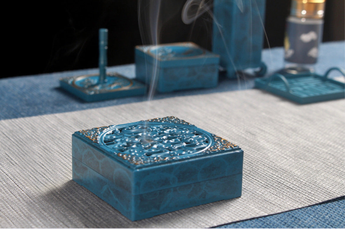 Royal Burnished Blue Brass Square Incense Set (10pcs Bamboo Gift Box)