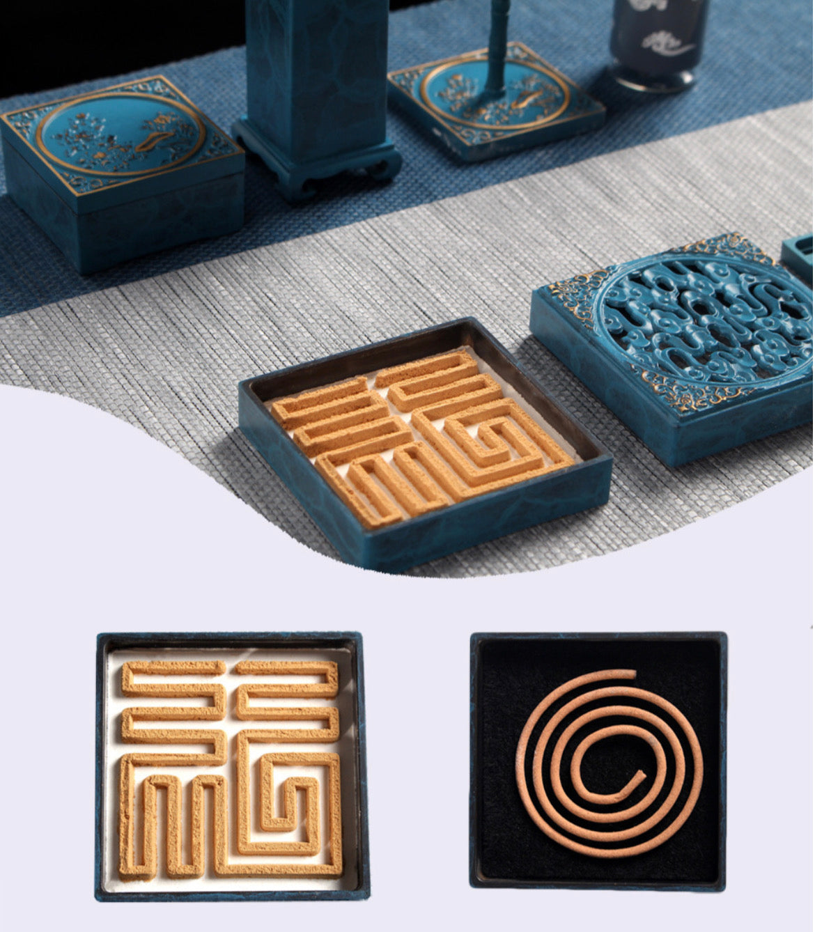 Royal Burnished Blue Brass Square Incense Set (10pcs Bamboo Gift Box)