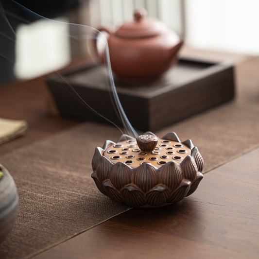 Lotus Flower Rough Pottery Incense Burner